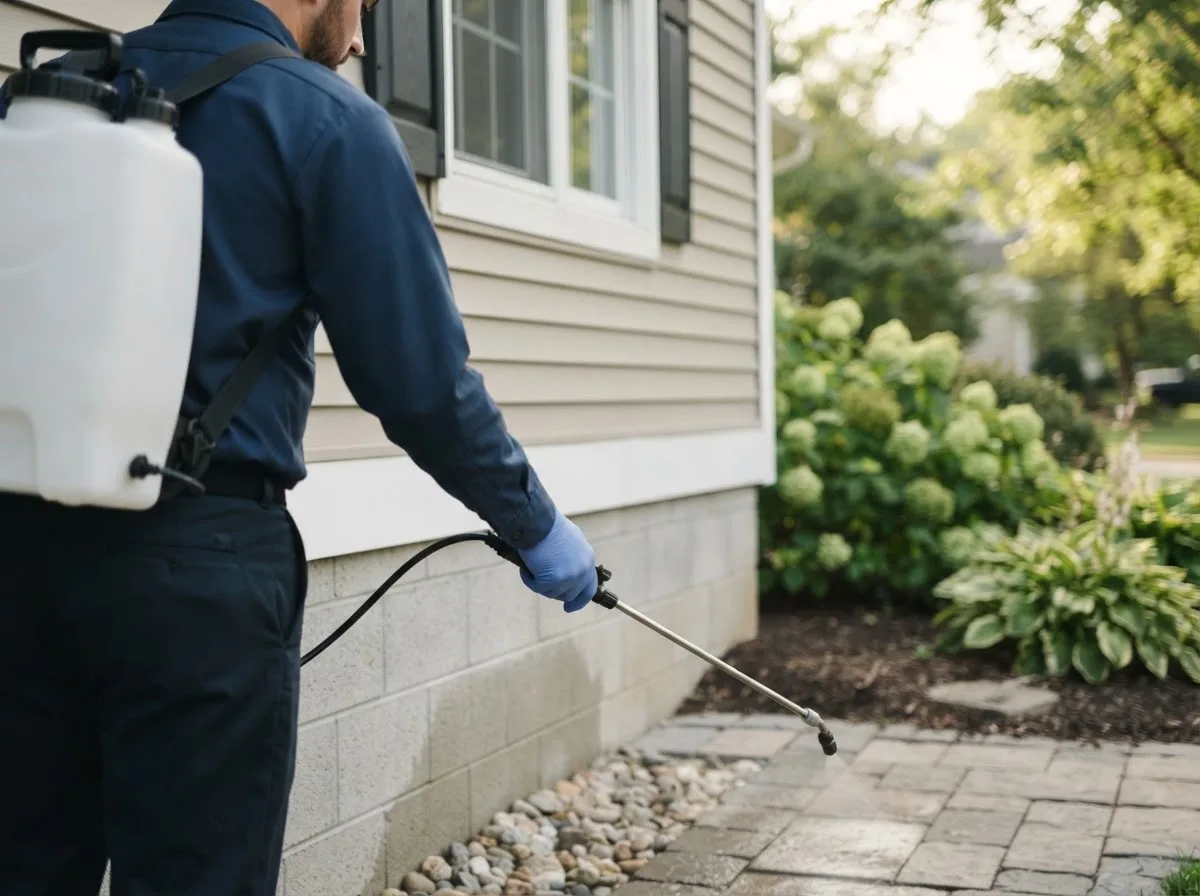 Pest control technician inspecting a home in Glenfield, NY